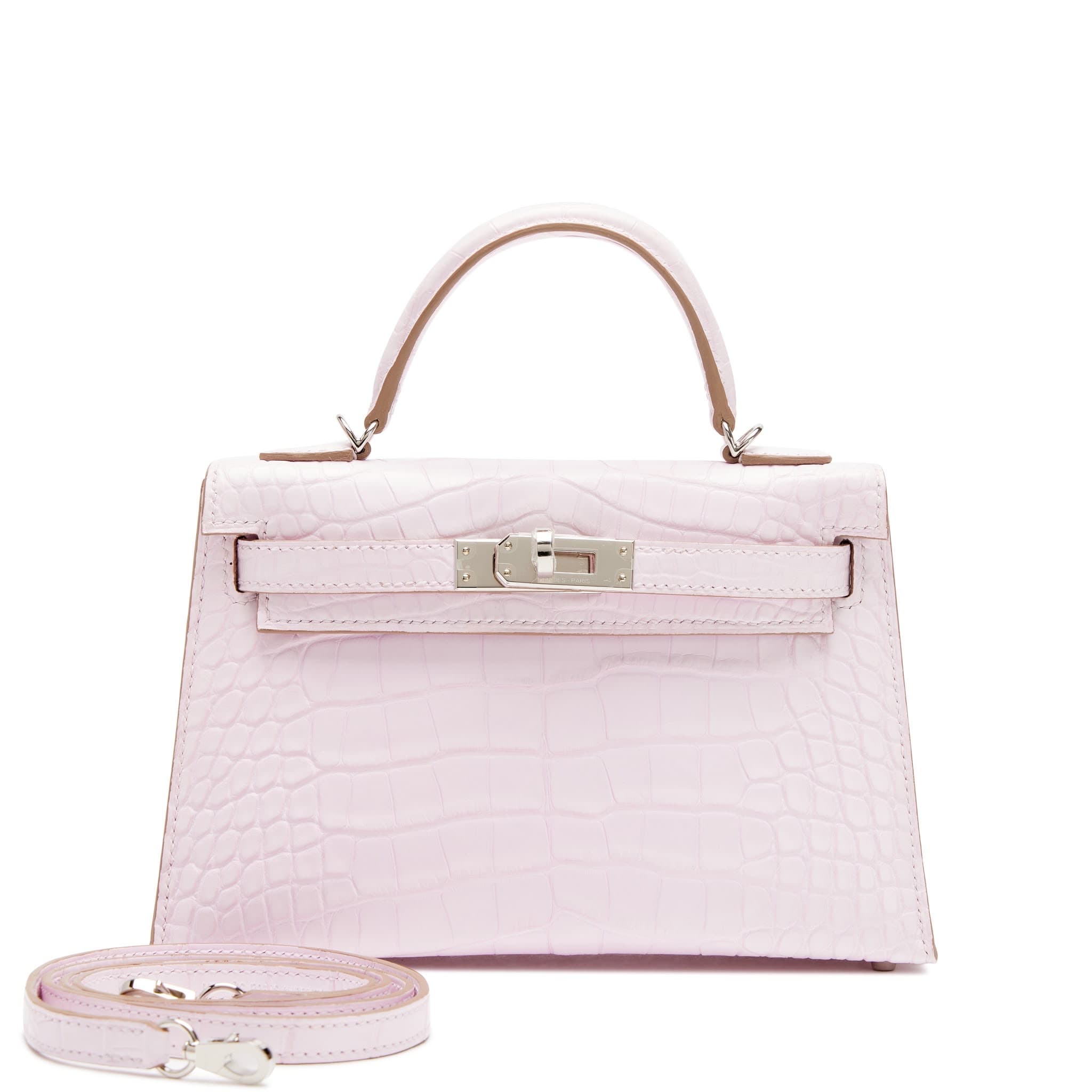 Hermes Mini Kelly 20 Mauve Pale Matte Alligator Paladium Hardware